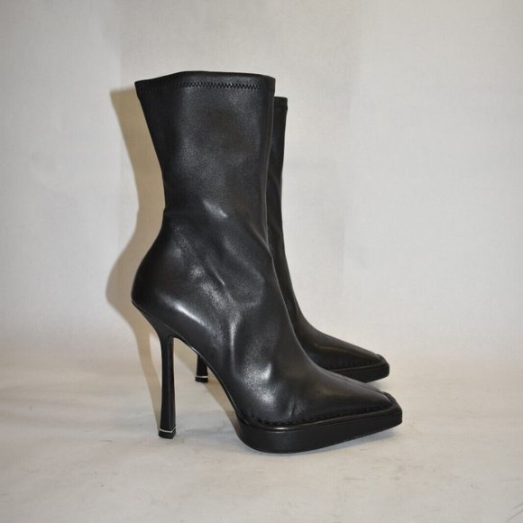 $1000 Alexander Wang Platform Bootie SOCK SQUARE HEEL LEATHER BLACK 37 (DA14) - Picture 2 of 10